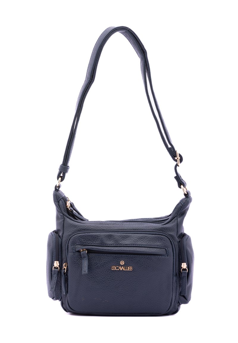 Borsa a tracolla blu navy realizzata in pelle texturizzata, con diverse tasche con zip e un accento del logo in tono oro. Spallacci doppi regolabili.