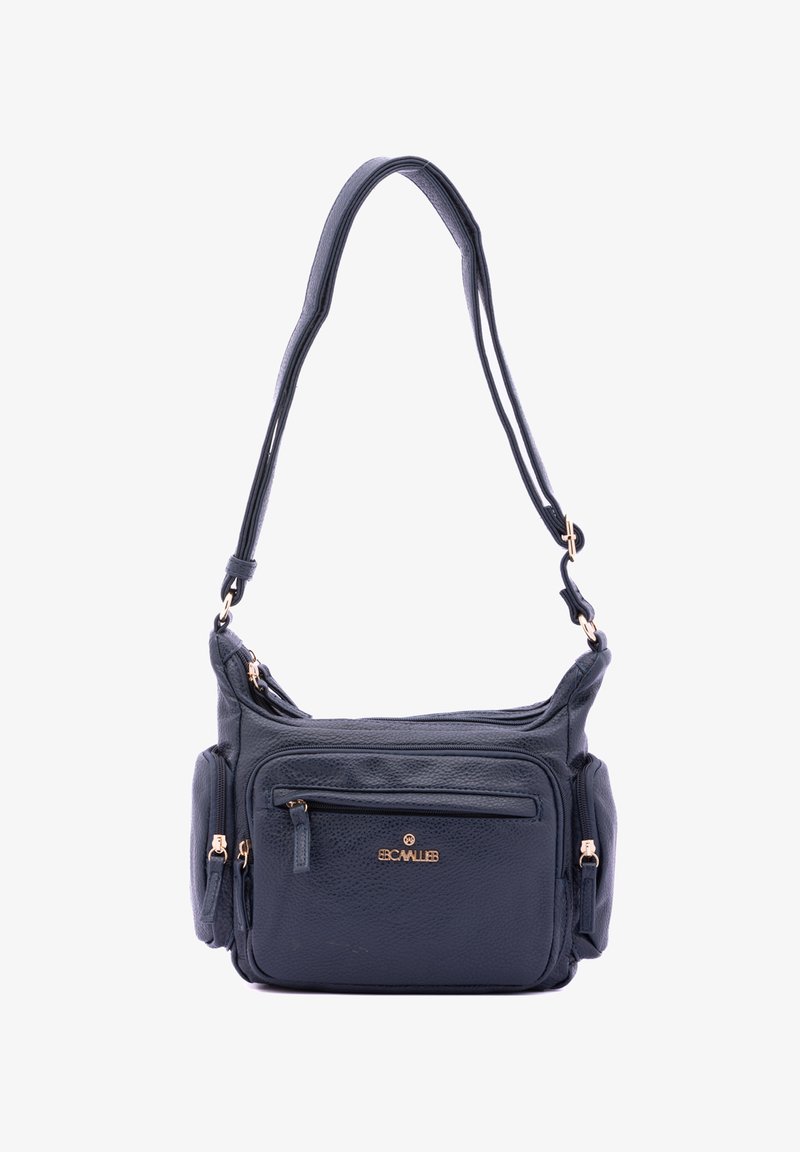 Borsa a tracolla blu navy realizzata in pelle texturizzata, con diverse tasche con zip e un accento del logo in tono oro. Spallacci doppi regolabili.