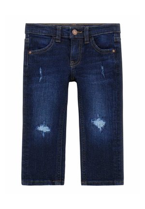 Jeans in denim blu scuro con taglio dritto, caratterizzati da macchie scolorite e leggeri segni di usura. Cuciture dorate accentuano le cuciture.