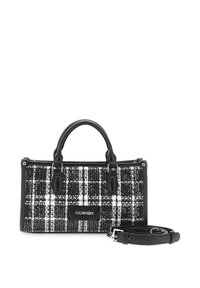 Borsa a mano a quadri testurizzati in bianco e nero con dettagli in pelle, doppi manici superiori, tracolla removibile e dettaglio del logo sul davanti.