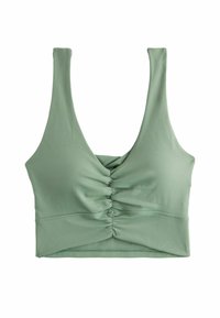 Grøn crop top med V-udskæring, draperet frontdetalje og brede stropper. Fremstillet af glat, strækbart stof, der har en tætsiddende silhuet.
