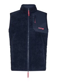 Marine fleece vest med høj krave, struktureret krop og blødt stof. Har en venstre brystlomme og kontrastlynlås i rød.