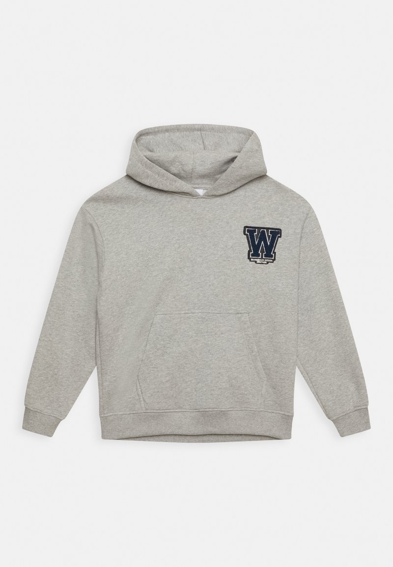 Sweat à capuche gris en tissu mélangé coton, doté d'une poche kangourou et d'un logo texturé "W" sur le côté gauche de la poitrine. Capuche ajustable.