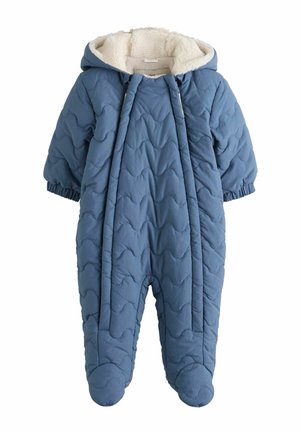 Blauer gesteppter Baby-Schneianzug mit Kapuze, innen weiß mit Fleece gefüttert und integrierten Fußabdeckungen.