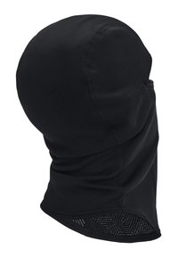 Black balaclava made from stretchy fabric. Seamless design with a smooth texture. Mesh panel at the base features a hexagonal pattern.