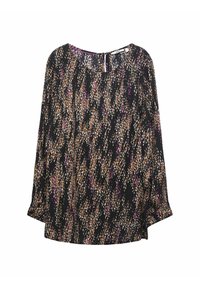 Blouse à manches longues avec base noire et motif abstrait en tons marron, blanc et violet, col rond et coupe décontractée.