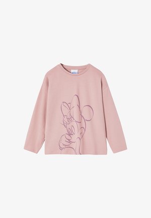 Helle rosa Langarm-T-Shirts aus weicher Baumwolle mit einem lila Skizze eines Cartoon-Charakters auf der Vorderseite und einem runden Halsausschnitt.