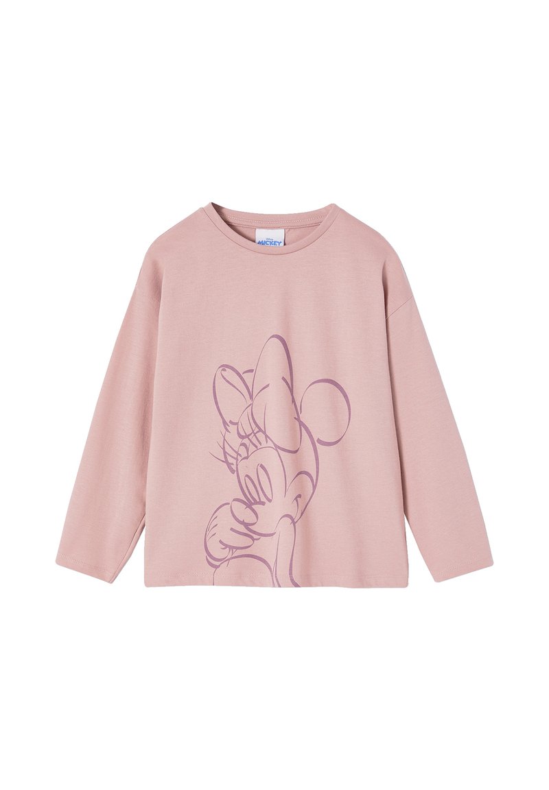 Helle rosa Langarm-T-Shirts aus weicher Baumwolle mit einem lila Skizze eines Cartoon-Charakters auf der Vorderseite und einem runden Halsausschnitt.
