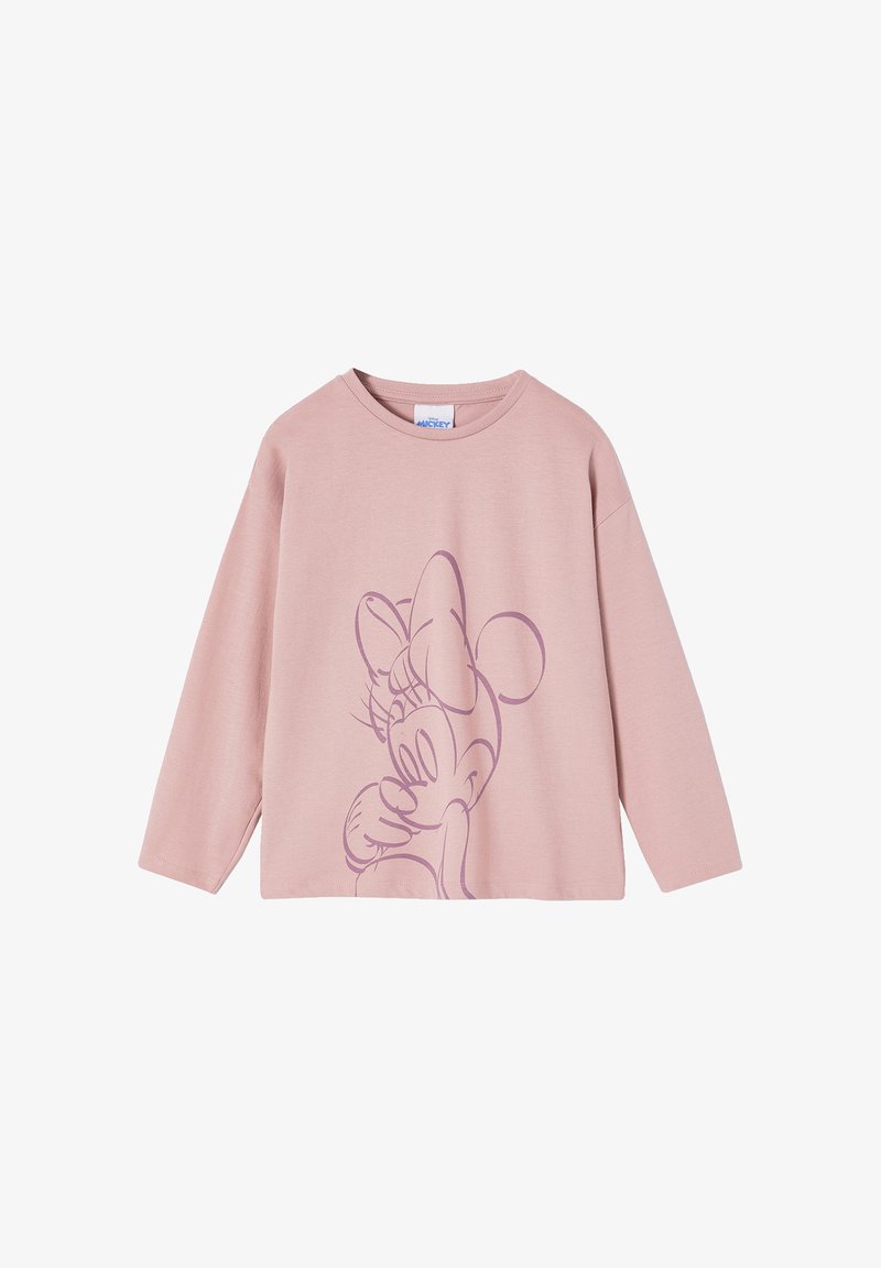 Light pink long-sleeve t-shirt made of soft cotton with a purple sketch of a cartoon character on the front and a round neckline.