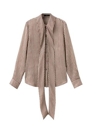 Long-sleeve, button-up blouse with vertical brown and beige stripes and a long, matching striped neck tie.