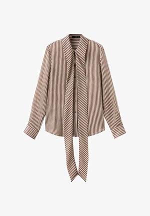 Long-sleeve, button-up blouse with vertical brown and beige stripes and a long, matching striped neck tie.