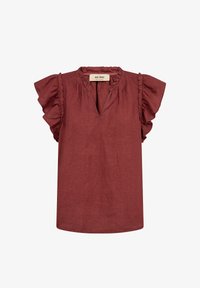 Blusa de manga corta color marrón rojizo con mangas con volantes, escote en forma de ojo de cerradura y etiqueta que dice "MOS MOSH" en el interior del cuello.