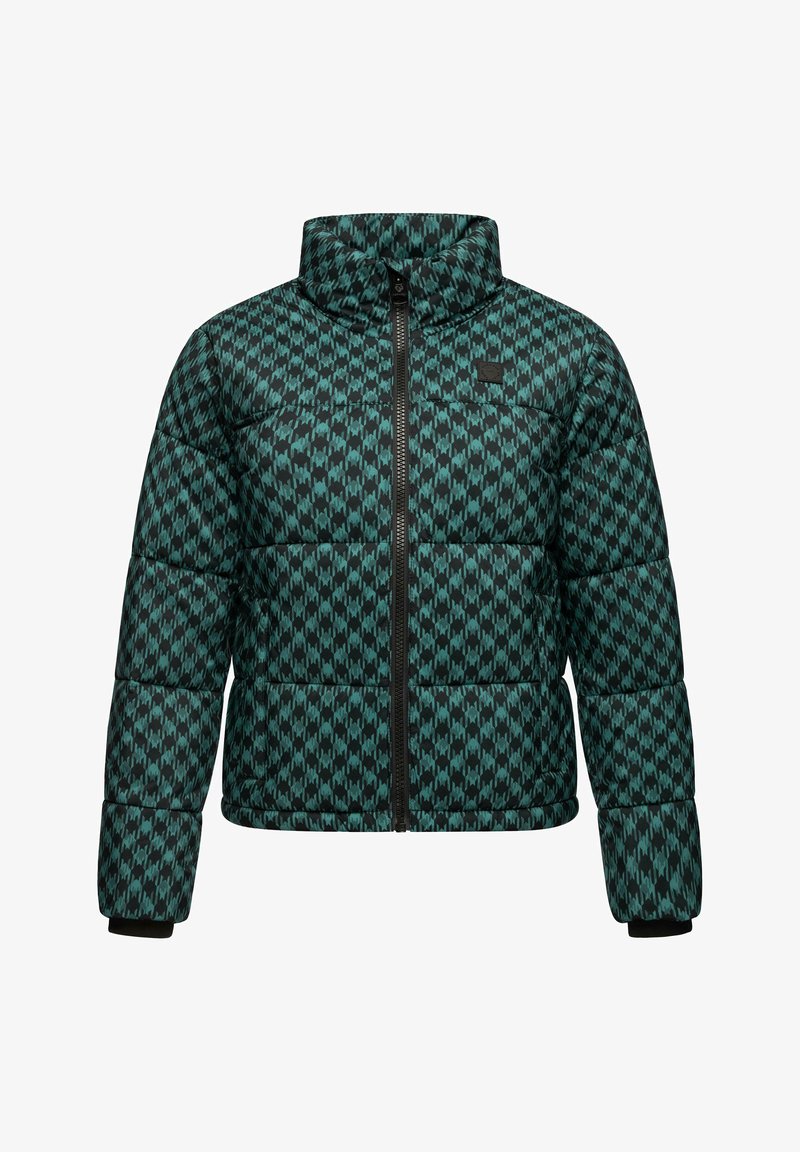 Pufaina jaka ar kvadrātveida šuvēm teal un melnā houndstooth rakstā, ar augstu apkakli un rāvējslēdzēju, kā arī ribotām aprocēm siltuma saglabāšanai.
