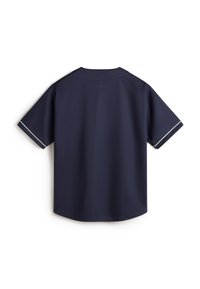 Marineblauw shirt met korte mouwen en een gladde textuur, met witte accenten op de mouwen en een rechte zoom. Achteraanzicht weergegeven.