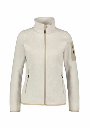 Lys beige zip-up fleecejakke med høj krave, to sidelommer og en lille lynlåslomme på venstre arm. Tekstureret stof med kontrasterende detaljer.