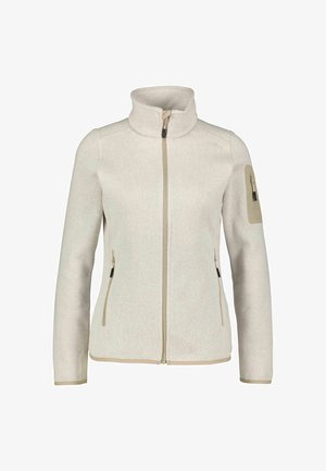 Helle beigefarbene Fleecejacke mit Reißverschluss und hohem Kragen, zwei seitlichen Taschen und einer kleinen Zipper-Tasche am linken Arm. Strukturiertem Stoff mit kontrastierenden Akzenten.