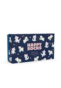 Dárková sada pro ponožky s motivem zvířat; tmavě modré pozadí s bílými zvířaty, zelenými mašlemi a pestrými květinami. Obsahuje nápis "HAPPY SOCKS" v růžové.
