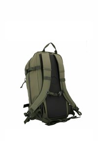 Grüner Nylon-Rucksack mit gepolstertem Rücken, verstellbaren Gurten und Außentaschen. Verfügt über einen oberen Griff und seitliche Schnallen für sicheren Verschluss.