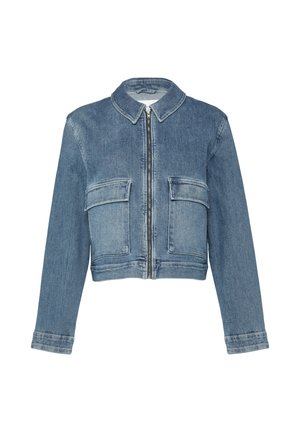 Denim jacket in light blue, cropped design with a zip front, collar, and two large front pockets. Features classic stitching and cuffed sleeves.