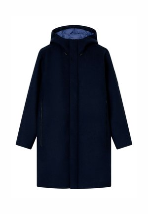 Cappotto blu navy con cappuccio, realizzato in tessuto liscio. Presenta due tasche laterali con zip. Linea dritta, lunghezza al ginocchio.