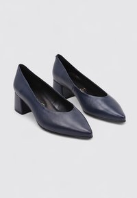 Chaussures bloc à talons en cuir bleu marine avec un bout pointu et une texture lisse. Design simpliste avec une partie supérieure ouverte et un talon plat.