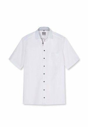 Weißes Herrenhemd mit kurzen Ärmeln, schwarzen Knöpfen, einer linken Brusttasche und einem gemusterten Innenkragen.