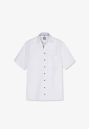 Weißes Herrenhemd mit kurzen Ärmeln, schwarzen Knöpfen, einer linken Brusttasche und einem gemusterten Innenkragen.