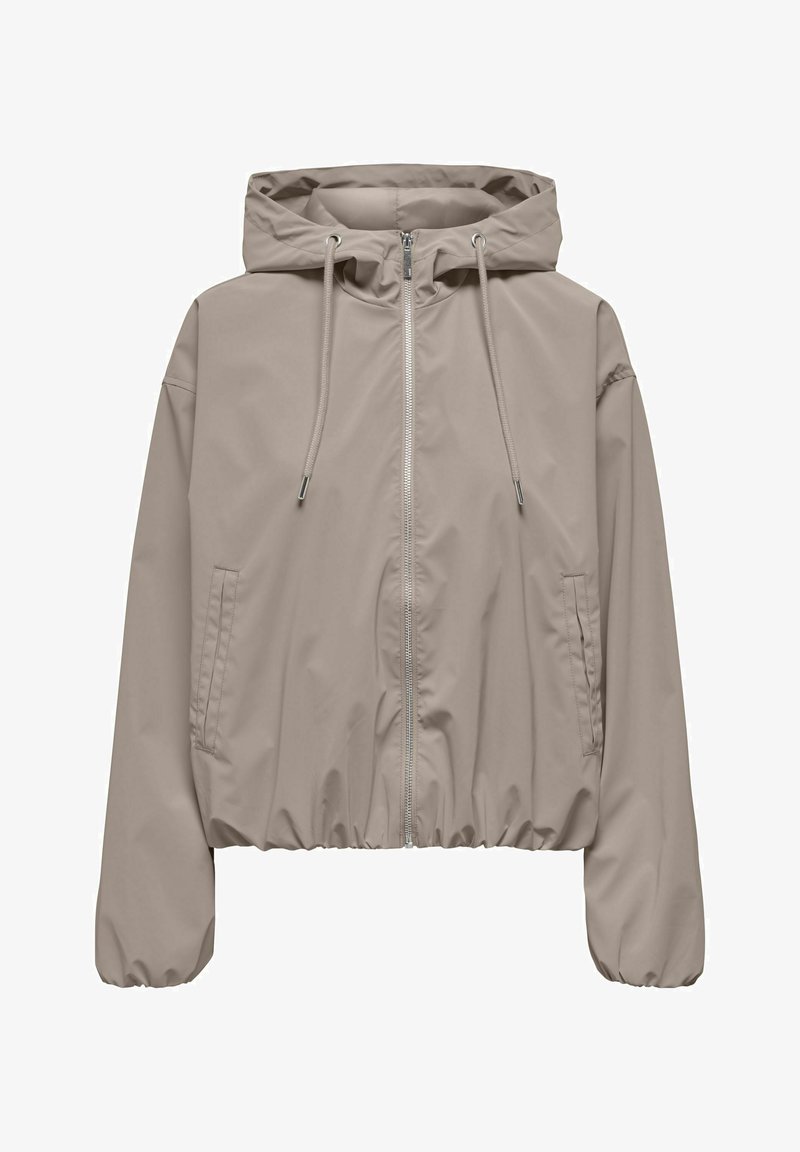 Veste coupe-vent taupe à capuche avec fermeture éclair frontale, capuche à cordon de serrage, poignets élastiques, ourlet élastique et poches latérales.