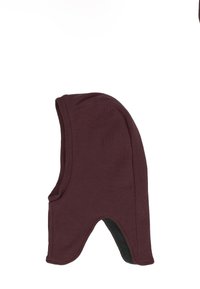 Donkerbruine gebreide balaclava-achtige kap met een verlengde halsbedekking en een open gezicht ontwerp.