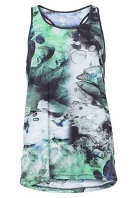 Top sin mangas multicolor con un patrón abstracto fluido en tonos de verde, negro y azul; tejido ligero con escote redondo.