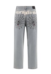 Grijze denim jeans met geborduurde zwarte spinnenwebontwerpen op de achterzakken en een contrasterend logo erboven. Rechte pasvorm.