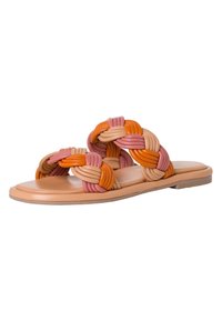Infradito intrecciate con cinturini in arancione, rosa e beige. Suola piatta e liscia con effetto pelle chiara e design minimalista.