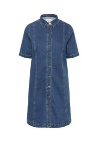 Džinsinė suknelė su trumpomis rankovėmis, apykakle, priekiniais mygtukais ir kontrastine siūle. Spalva – tamsiai mėlyna, laisvo silueto.