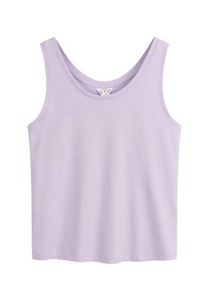 Lilafarbener Tank-Top aus weichem, leichtem Stoff. Hat einen runden Ausschnitt und breite Träger, mit gerader Schnittführung und Saum.