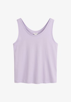 Lilafarbener Tank-Top aus weichem, leichtem Stoff. Hat einen runden Ausschnitt und breite Träger, mit gerader Schnittführung und Saum.