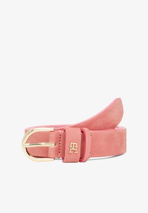 Pink suede belt with a gold-tone metal buckle and branded strap. Smooth texture, slightly tapered design, with a layered pink inner edge.