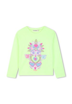 Neon groene lange mouwen shirt met een kleurrijke kattenafbeelding met harten en veren, met de woorden "LOVE" en "SMILE" op de voorkant.