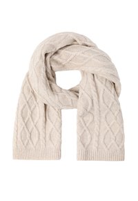 Bufanda de punto beige con un patrón trenzado texturizado, fabricada en un tejido suave y cálido, y con extremos acanalados, midiendo aproximadamente 70 pulgadas de longitud.