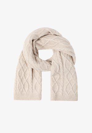 Beżowy, dziany szalik z teksturowanym wzorem w warkocze, wykonany z miękkiego, ciepłego materiału, z prążkowanymi końcami, o długości około 70 cali.