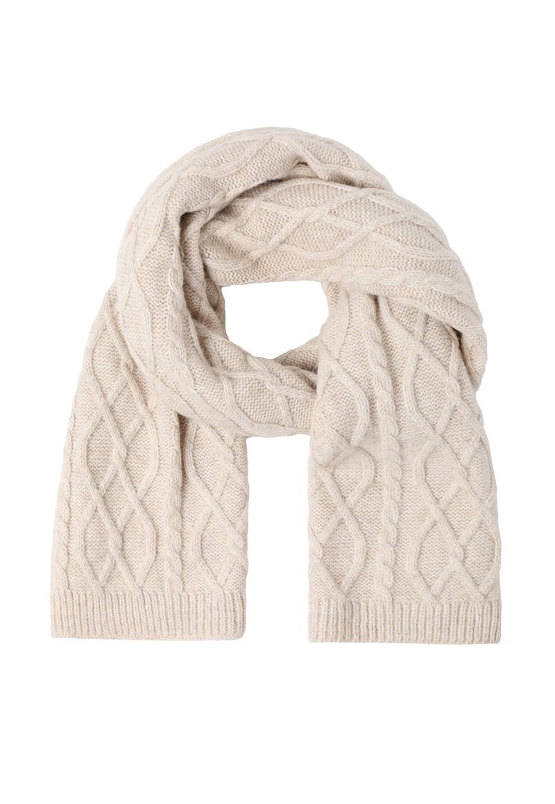 Bufanda de punto beige con un patrón trenzado texturizado, fabricada en un tejido suave y cálido, y con extremos acanalados, midiendo aproximadamente 70 pulgadas de longitud.