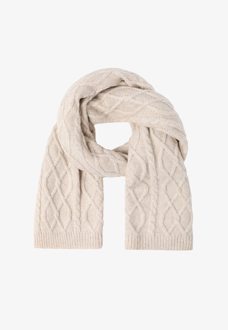 Beige strikket halstørklæde med et struktureret kabelmønster, lavet af blødt og varmt stof med ribbede ender, der måler cirka 70 tommer i længden.