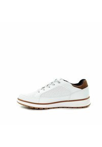 White perforated sneaker with light brown sole trim and heel accent, gray laces, and black padded collar, side view on white background.