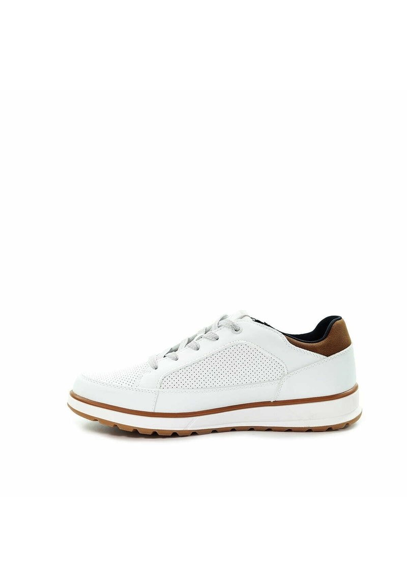 White perforated sneaker with light brown sole trim and heel accent, gray laces, and black padded collar, side view on white background.
