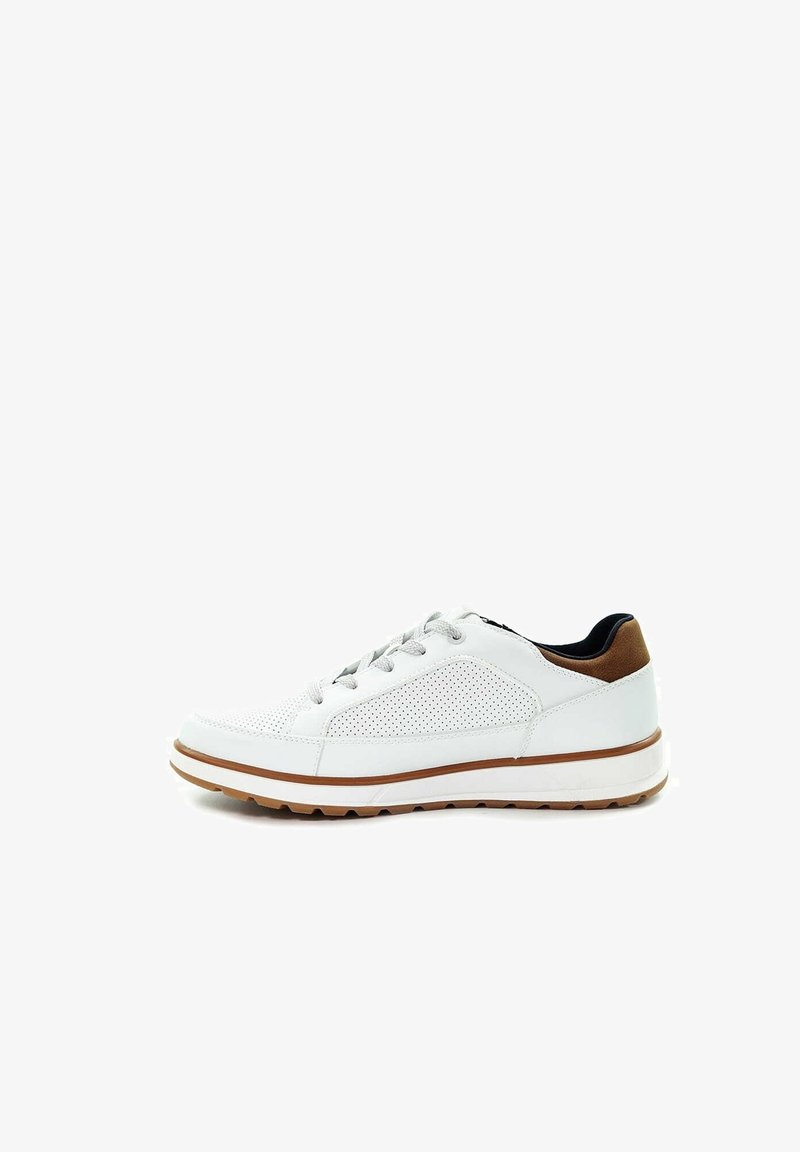 White perforated sneaker with light brown sole trim and heel accent, gray laces, and black padded collar, side view on white background.