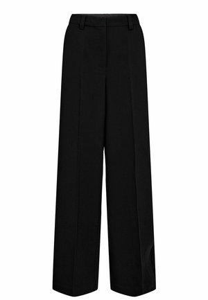 Black wide-leg trousers made of a smooth fabric with a tailored waistband, featuring belt loops and two front pleats for structure.