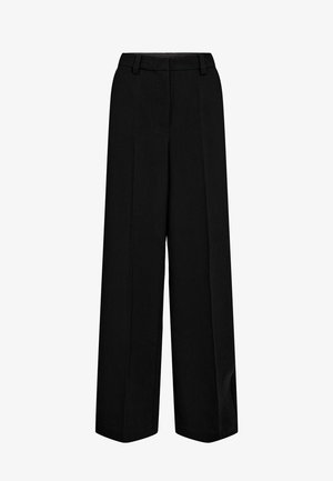 Black wide-leg trousers made of a smooth fabric with a tailored waistband, featuring belt loops and two front pleats for structure.
