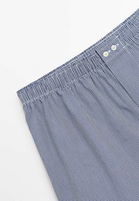 Shorts à carreaux bleus et blancs, dotés d'une taille élastique, de deux boutons blancs et d'une coupe décontractée avec des plis visibles.