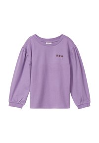 Paarse katoenen lange mouw shirt met een ronde halslijn, elastsiche pofmouwen en kleine bruine bloemmotieven op de voorkant.