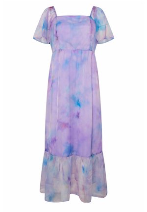 Lavendelfarbenes Midikleid mit Puffärmeln, quadratischem Ausschnitt, geraffter Taille und Rüschensaum, versehen mit einem weichen Aquarellmuster in Blau und Pink.