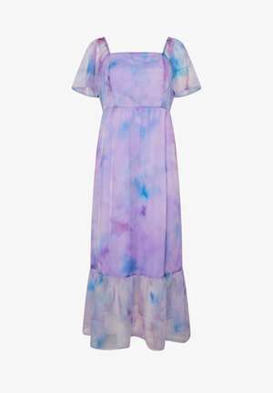 Vestido midi lavanda con mangas abullonadas, escote cuadrado, cintura fruncida y dobladillo con volantes, con un suave patrón de acuarela en azul y rosa.